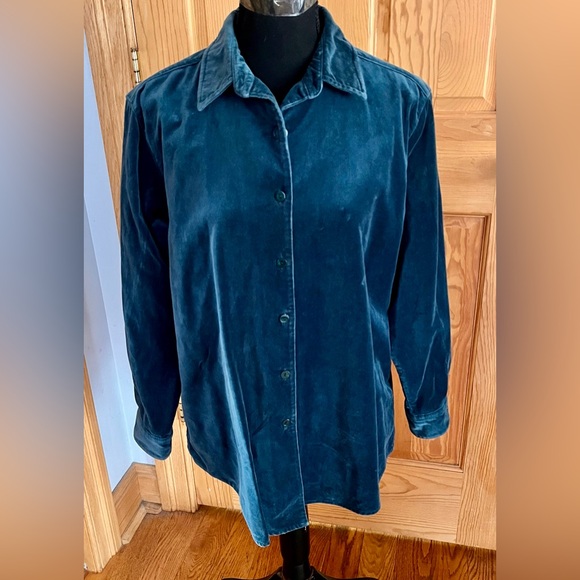 LL Bean Women's Teal Button Front Velvet Soft Cotton SZ M Blouse Top Shirt Cozy - Picture 11 of 17